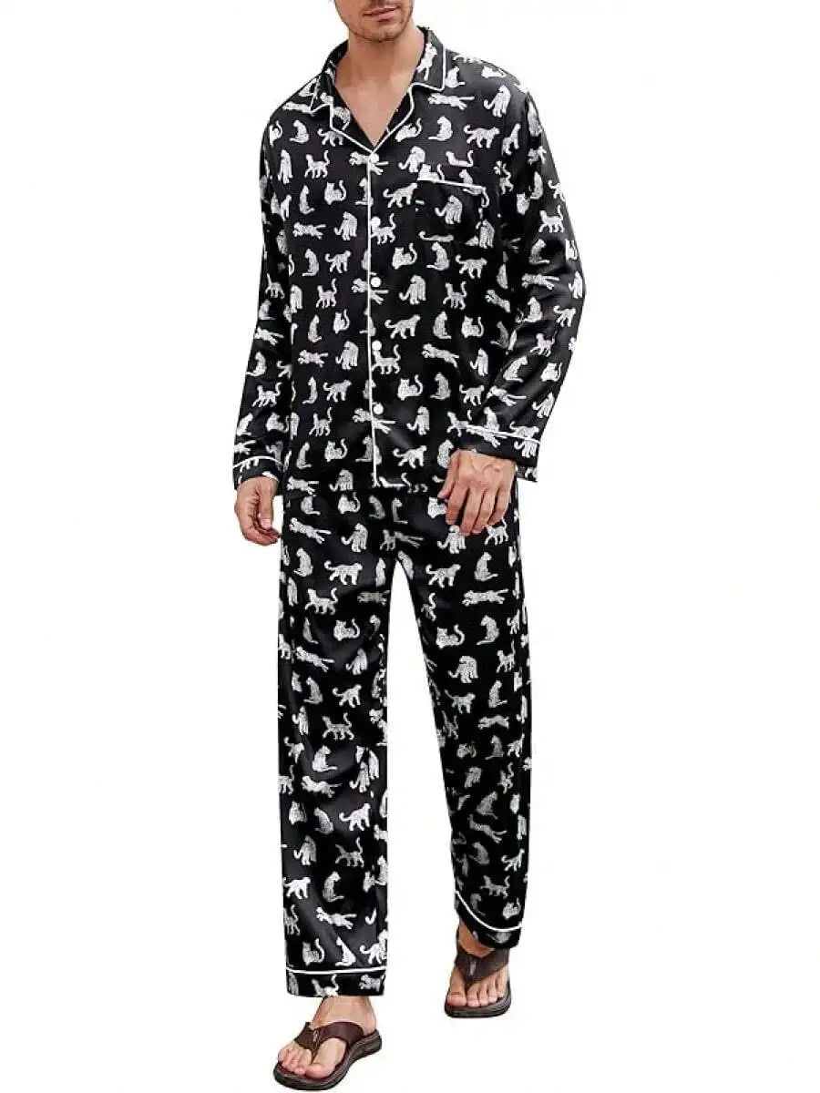 Mens Silk Satin Pajama Set Button Down Long Sleeve Loungewear With Long Pants