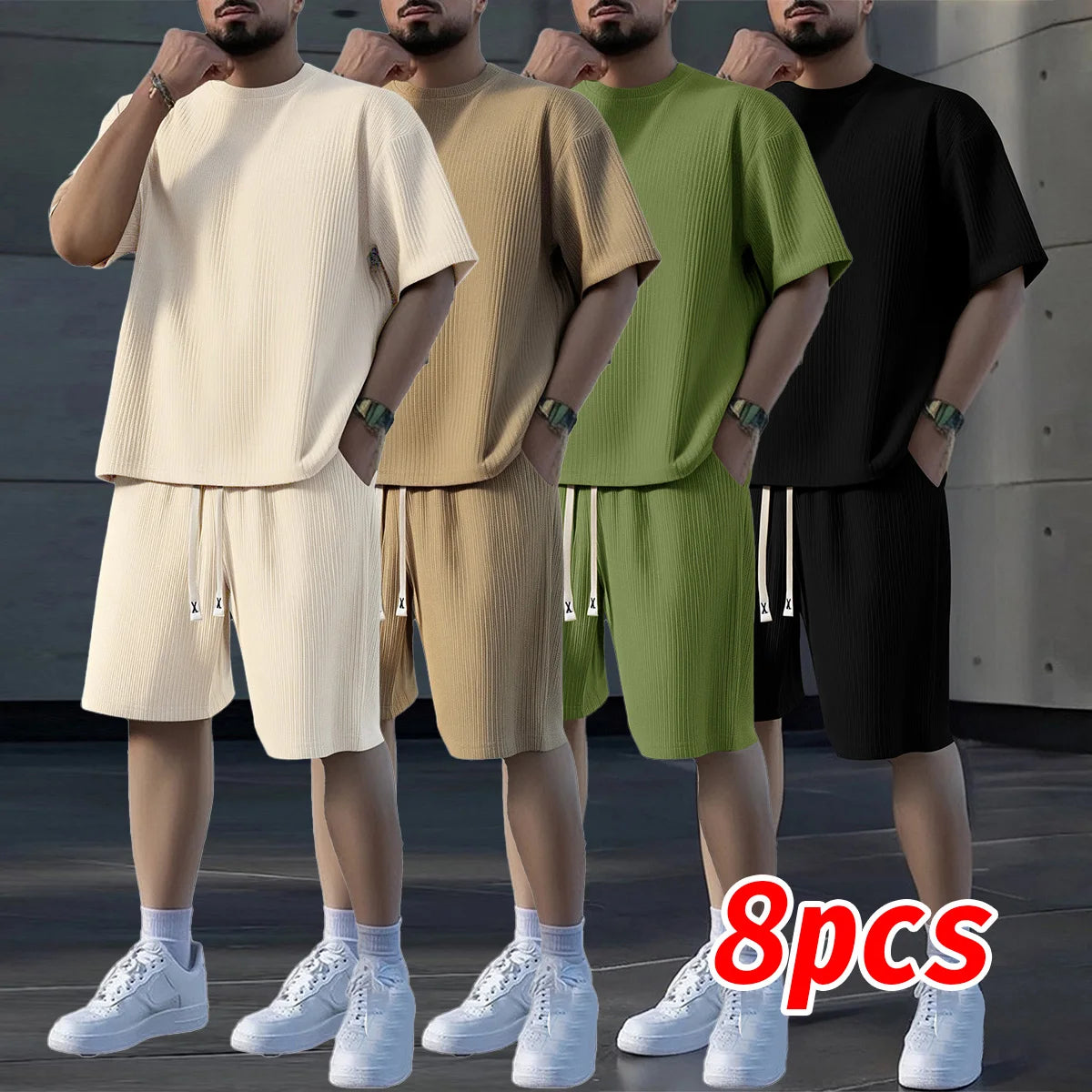 Mens Crew Neck Short Sleeve Shorts Set Breathable Sweat Absorbent