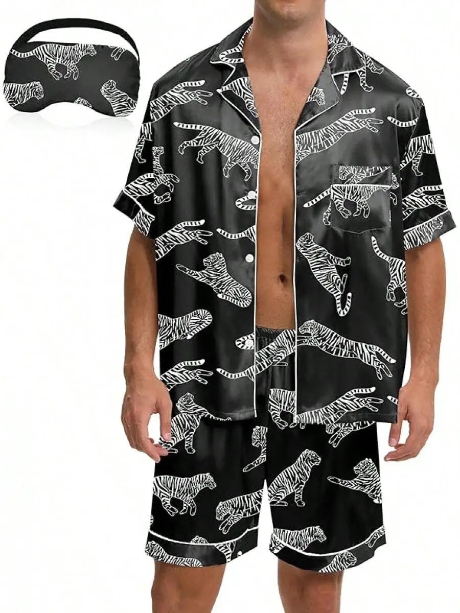 Mens Satin Pajama Set Button Down Sleepwear Loungewear