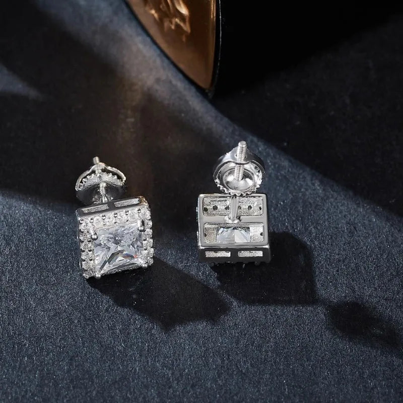 Moissanite Halo Princess Cut Stud Earrings 925 Sterling Silver