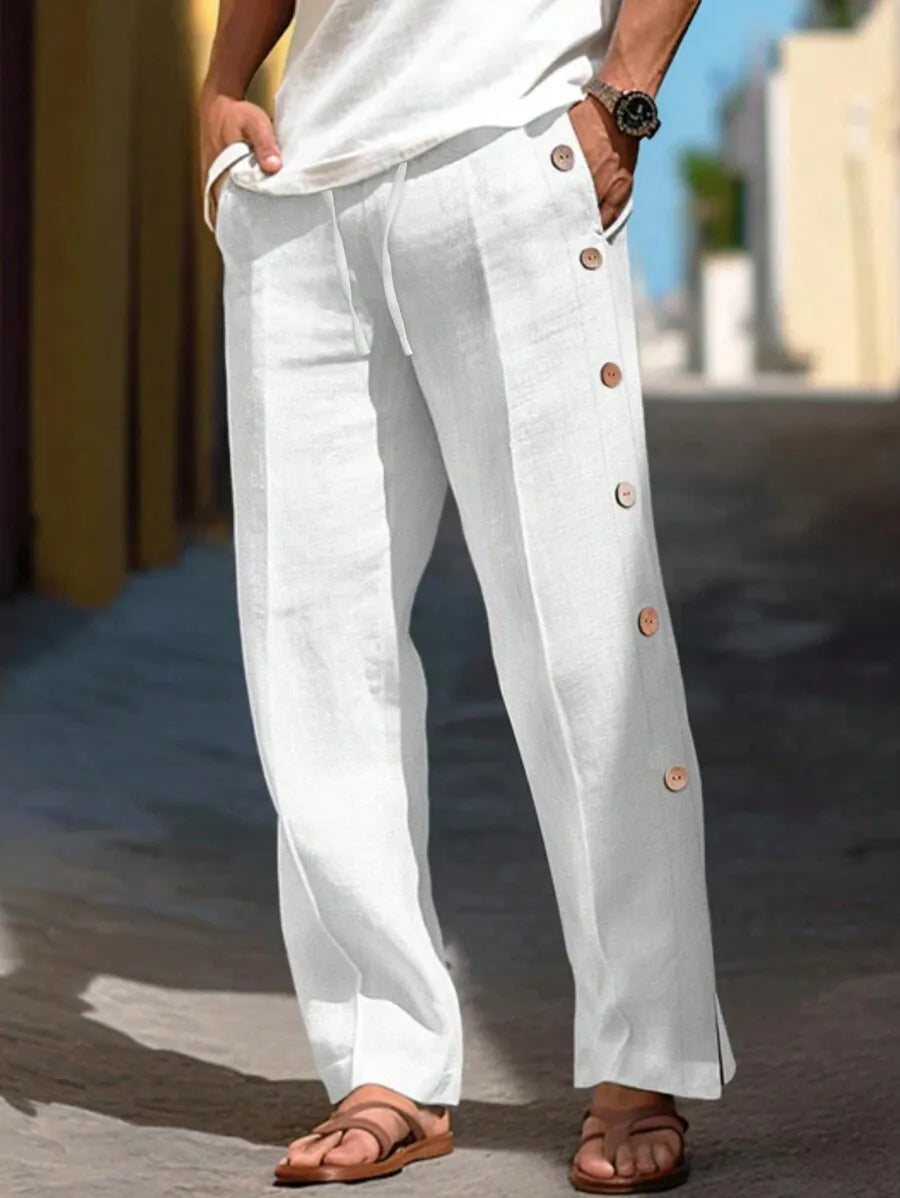 Mens Loose Fit Button Pocket Pants Casual Spring Autumn