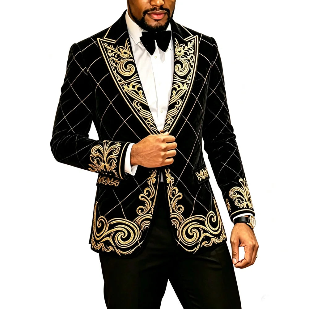 Mens Velvet Knot Embroidered Court Blazer Slim Fit Peak Lapel