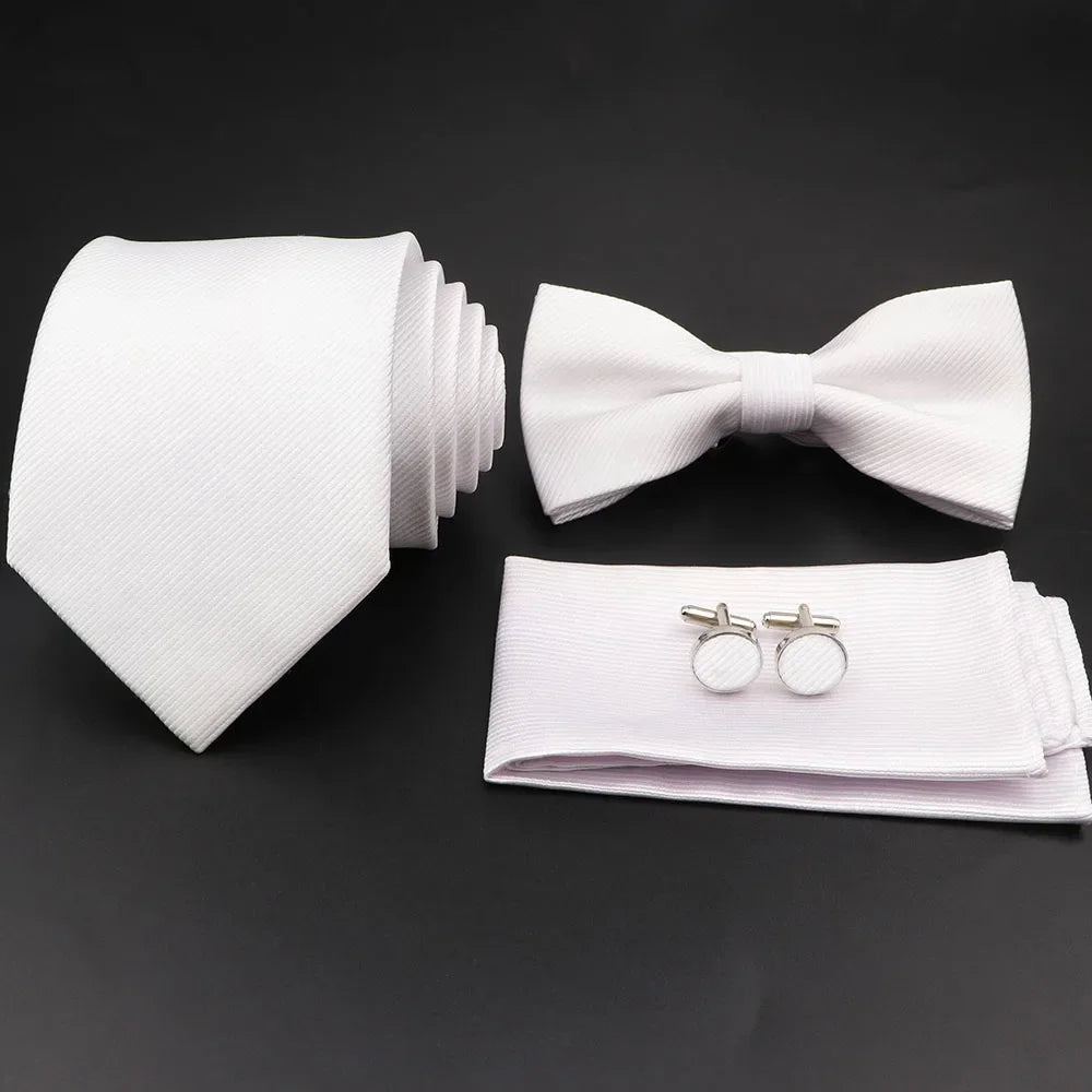 Polyester Slim Striped Tie Set With Bow Tie And Cufflinks For Groom
