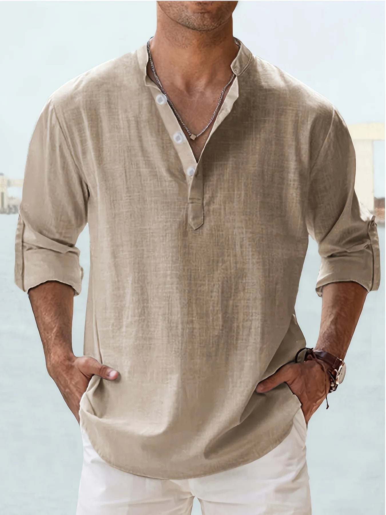 Mens Linen Stand Collar Long Sleeve Shirt Loose Fit Cotton Linen Blend