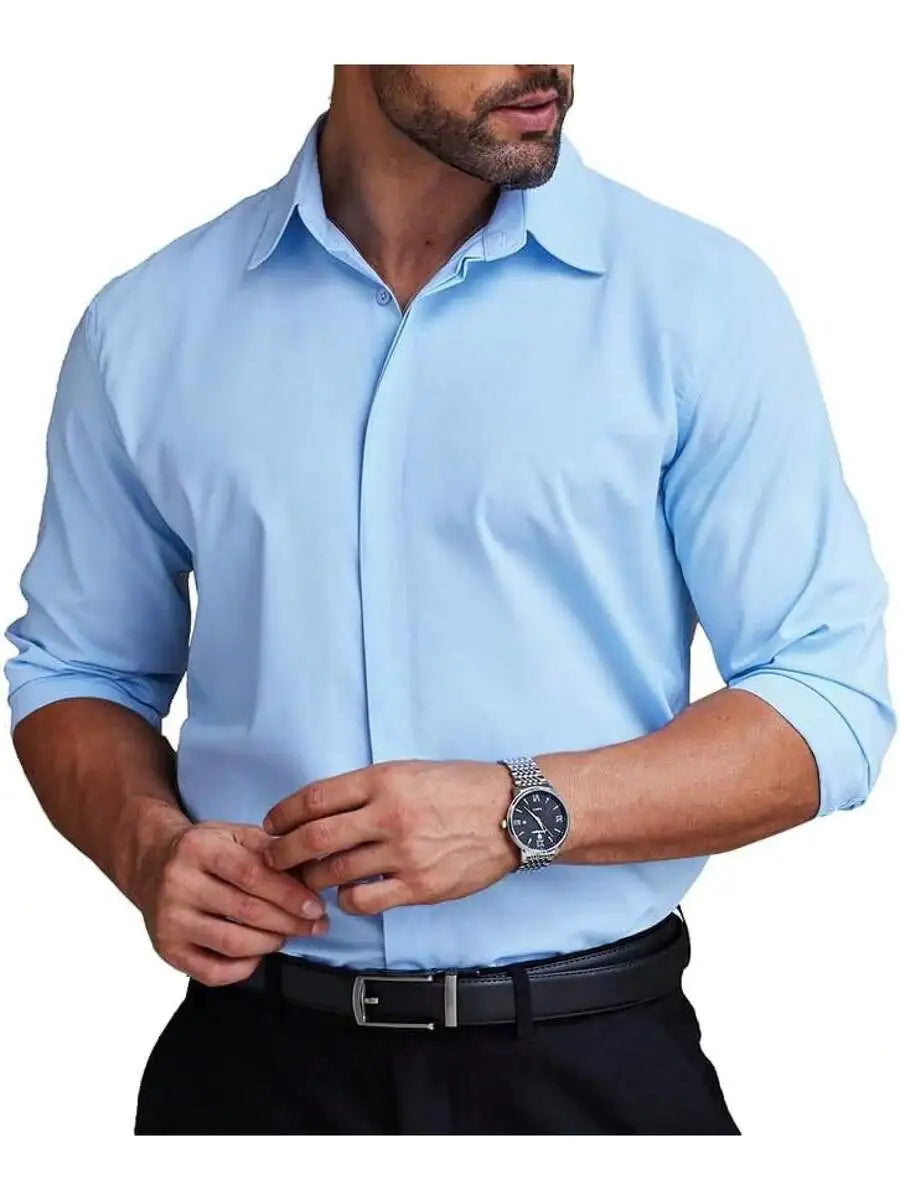 Mens Formal Dress Shirt Hidden Button Front Wrinkle Free Stretch Regular Fit