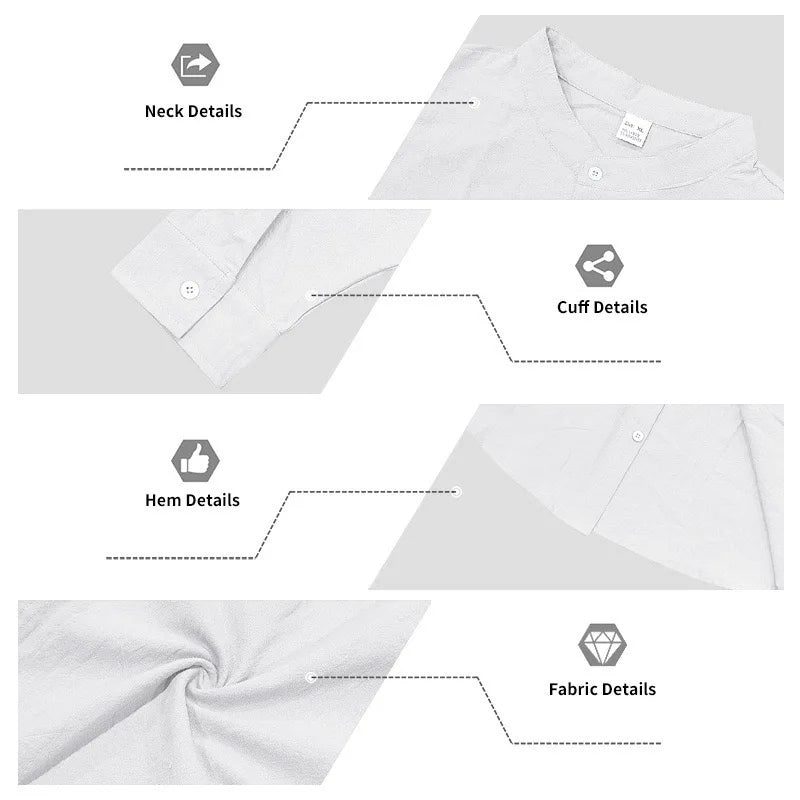 Mens Linen Button Down Shirt With Mandarin Collar Chest Pocket