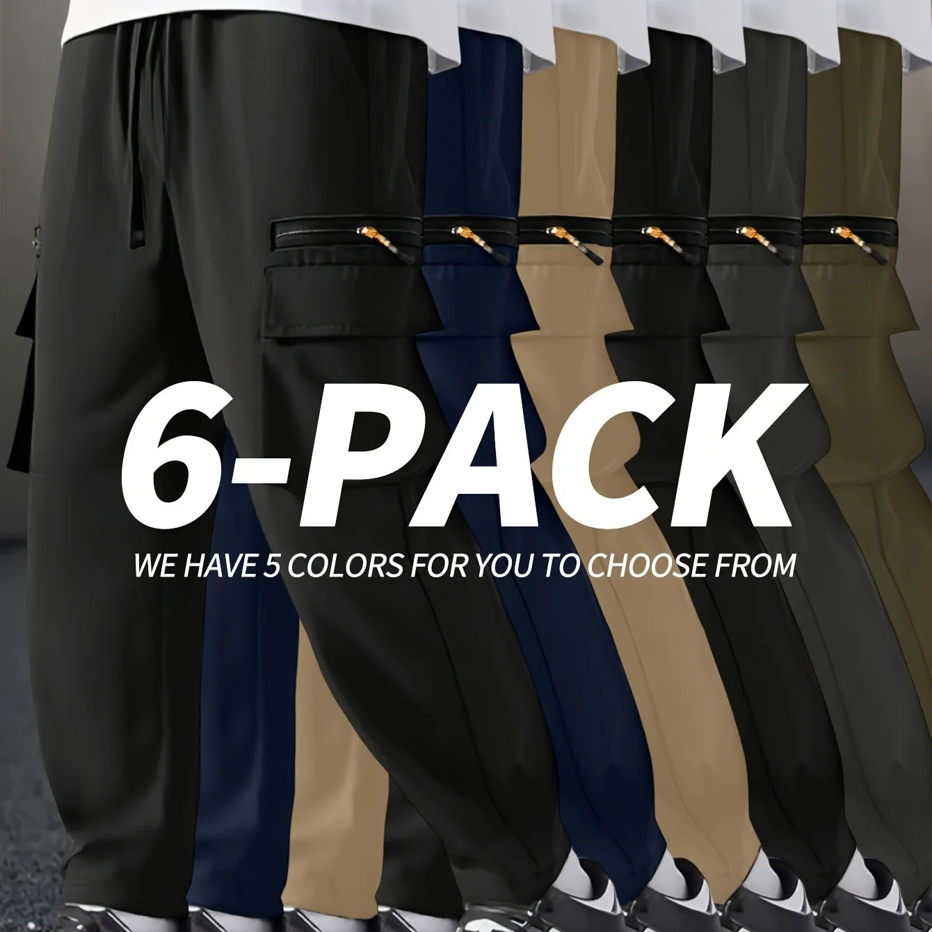 6 pieces of men's regular outdoor pants, work pants, fashionable pants and sports pants, multi pocket drawstring elastic waist, casual pants