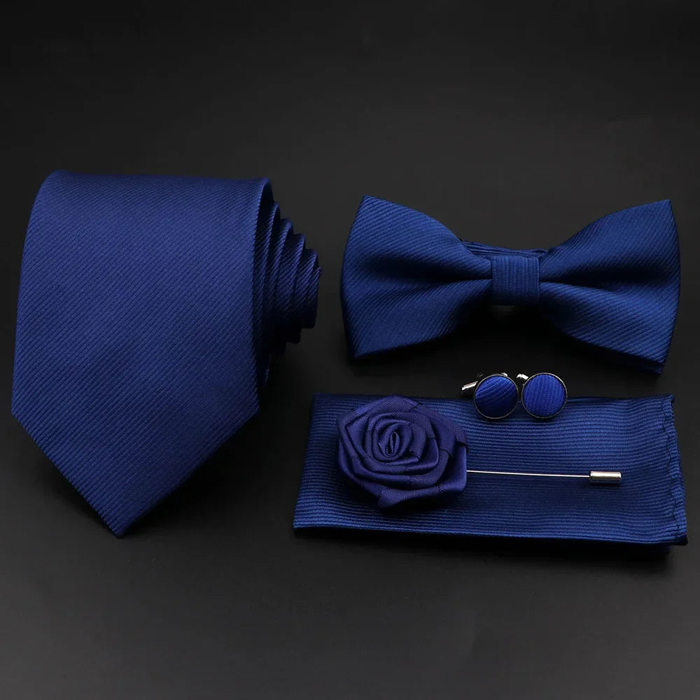 Polyester Slim Striped Tie Set With Bow Tie And Cufflinks For Groom