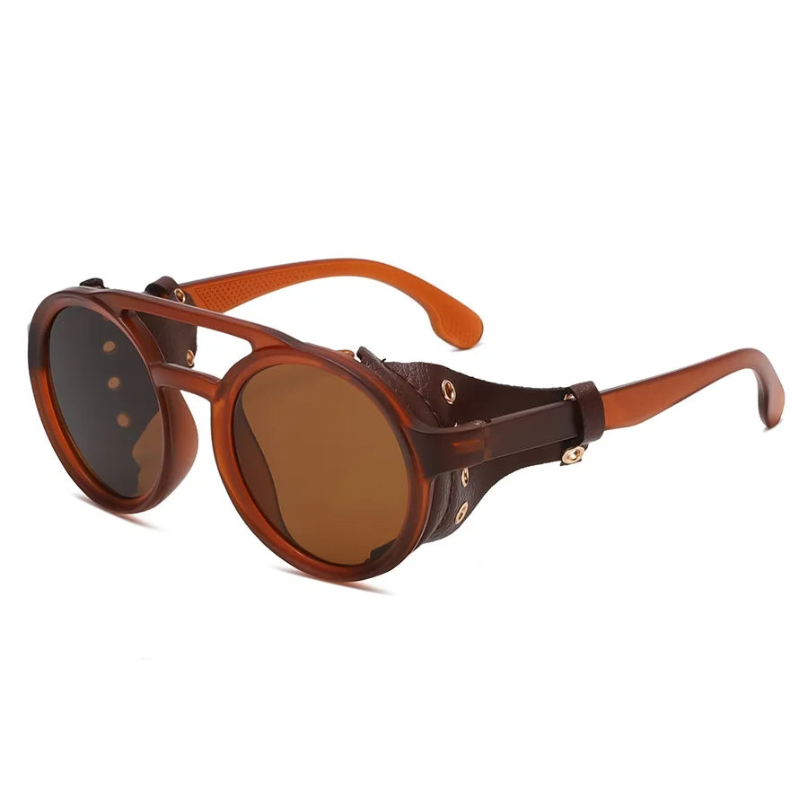 Retro Leather Round Sunglasses For Outdoor Sports UV400
