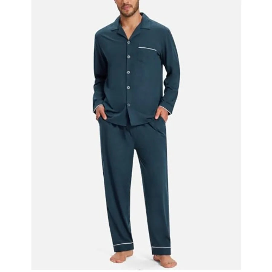 Mens Pajamas Set Soft Cotton Notched Collared Pjs for Men Long Sleeve Men's Sleepwear Loungewear Pyjama Homme