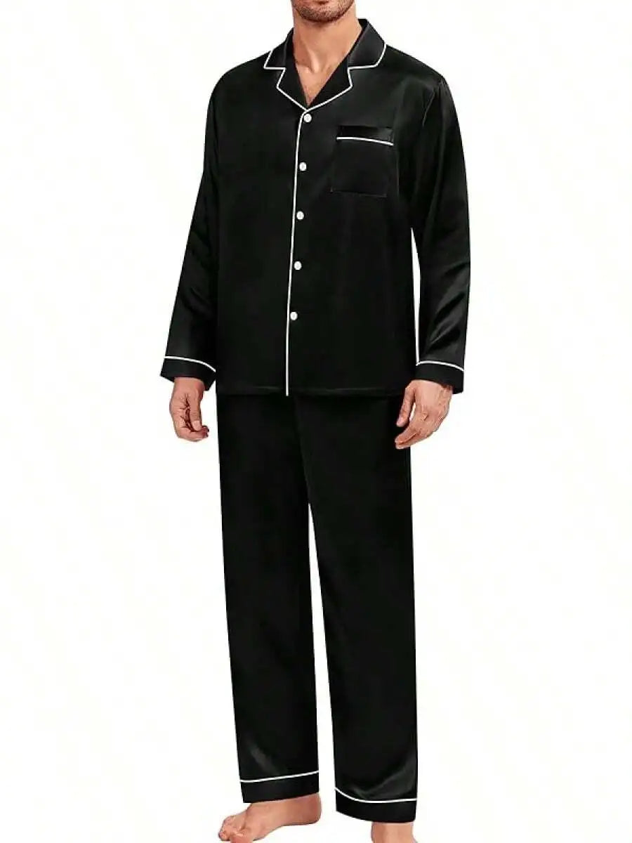 Mens Silk Satin Pajama Set Button Down Long Sleeve Loungewear With Long Pants