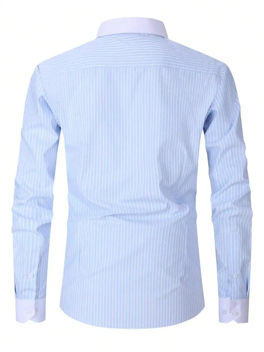 Men's Business Casual Striped Shirt With Contrasting Collar And Cuffs