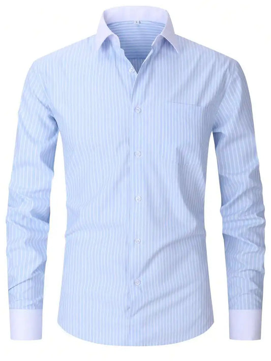 Men's Business Casual Striped Shirt With Contrasting Collar And Cuffs