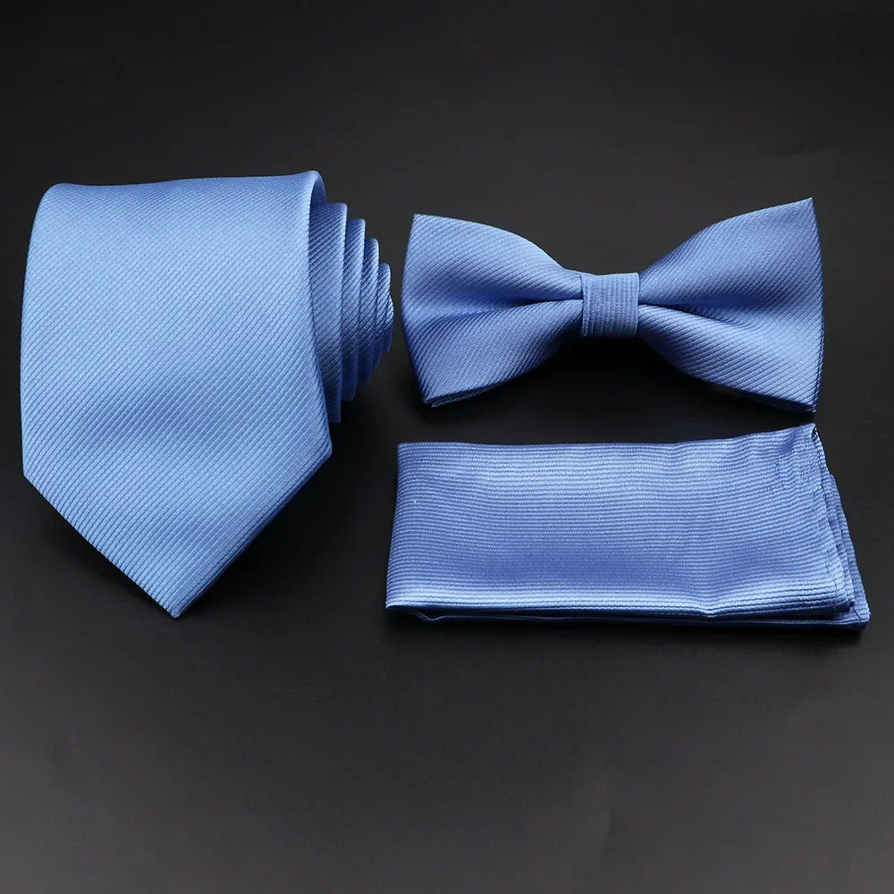 Polyester Slim Striped Tie Set With Bow Tie And Cufflinks For Groom