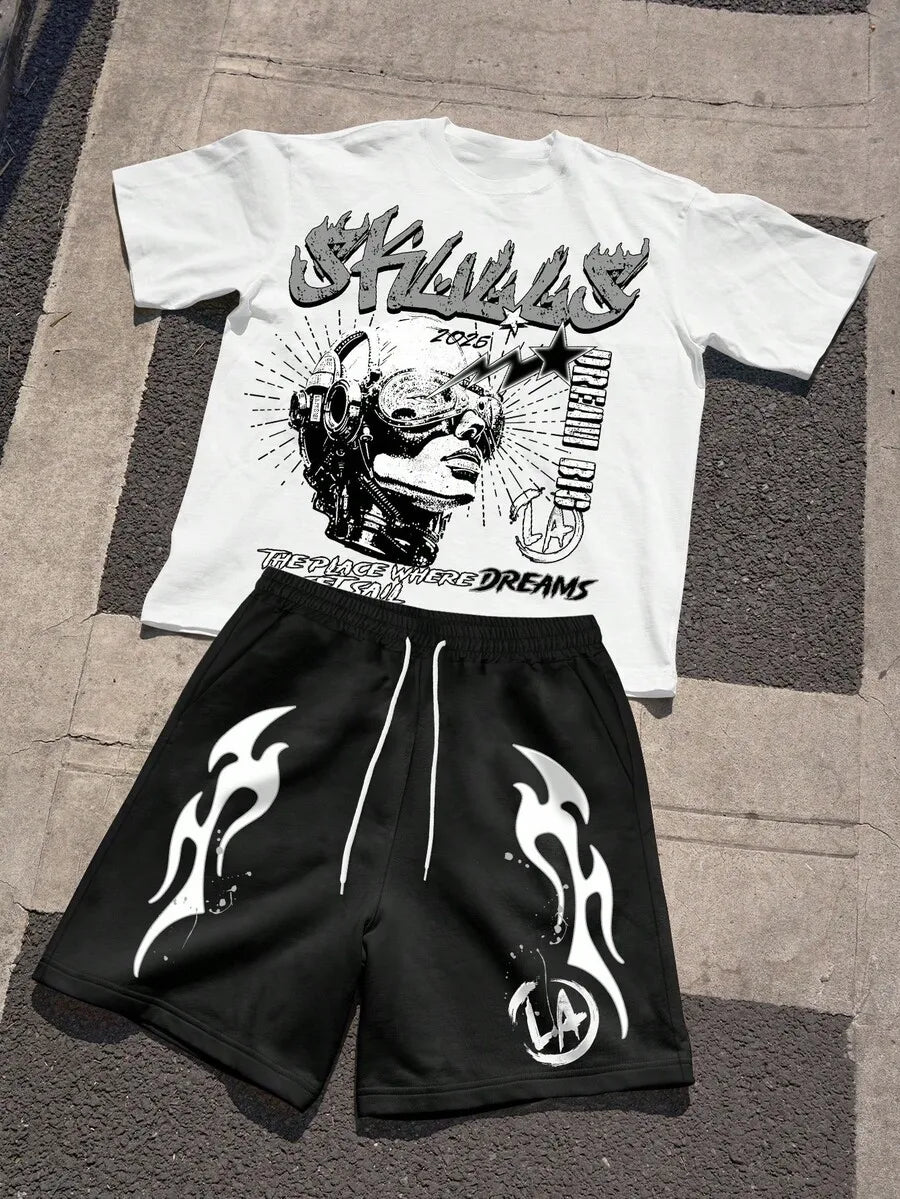 Mens Graphic Print Short Sleeve T Shirt Drawstring Shorts Set