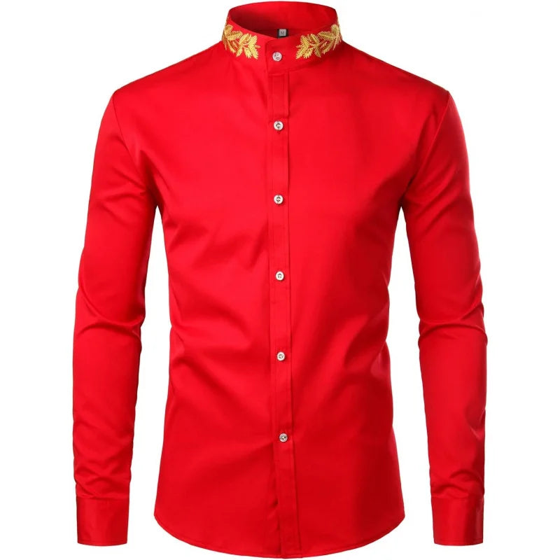 Mens Embroidery Mandarin Collar Slim Fit Long Sleeve Dress Shirt