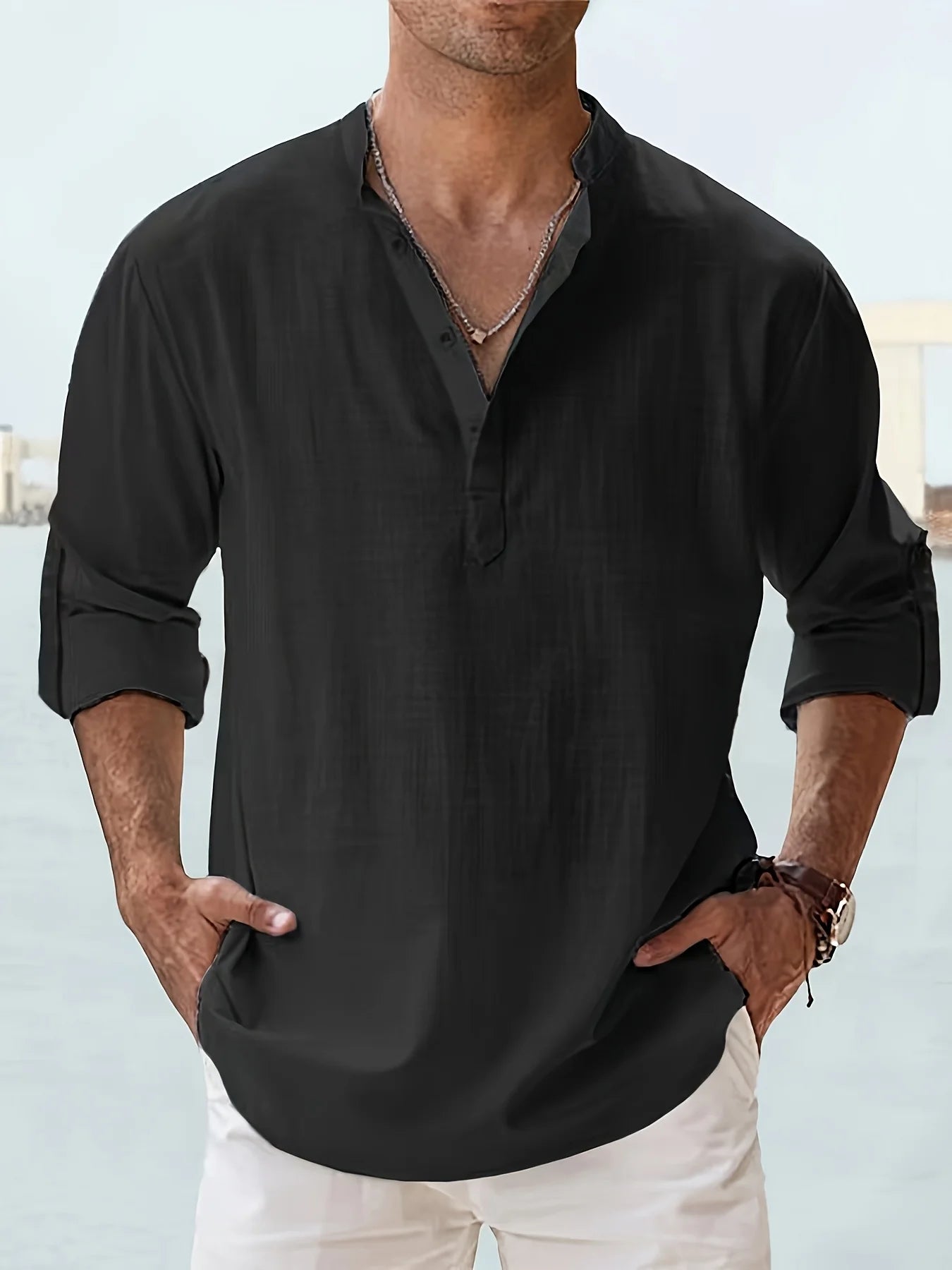Mens Linen Stand Collar Long Sleeve Shirt Loose Fit Cotton Linen Blend