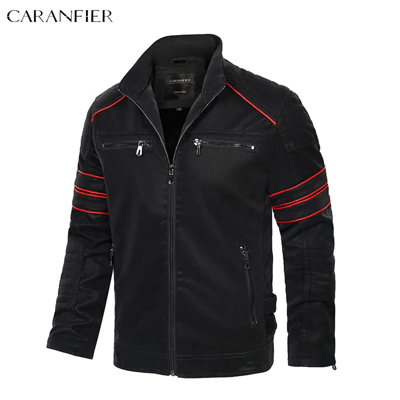Caranfier Mens Leather Jacket Motorcycle Biker Coat