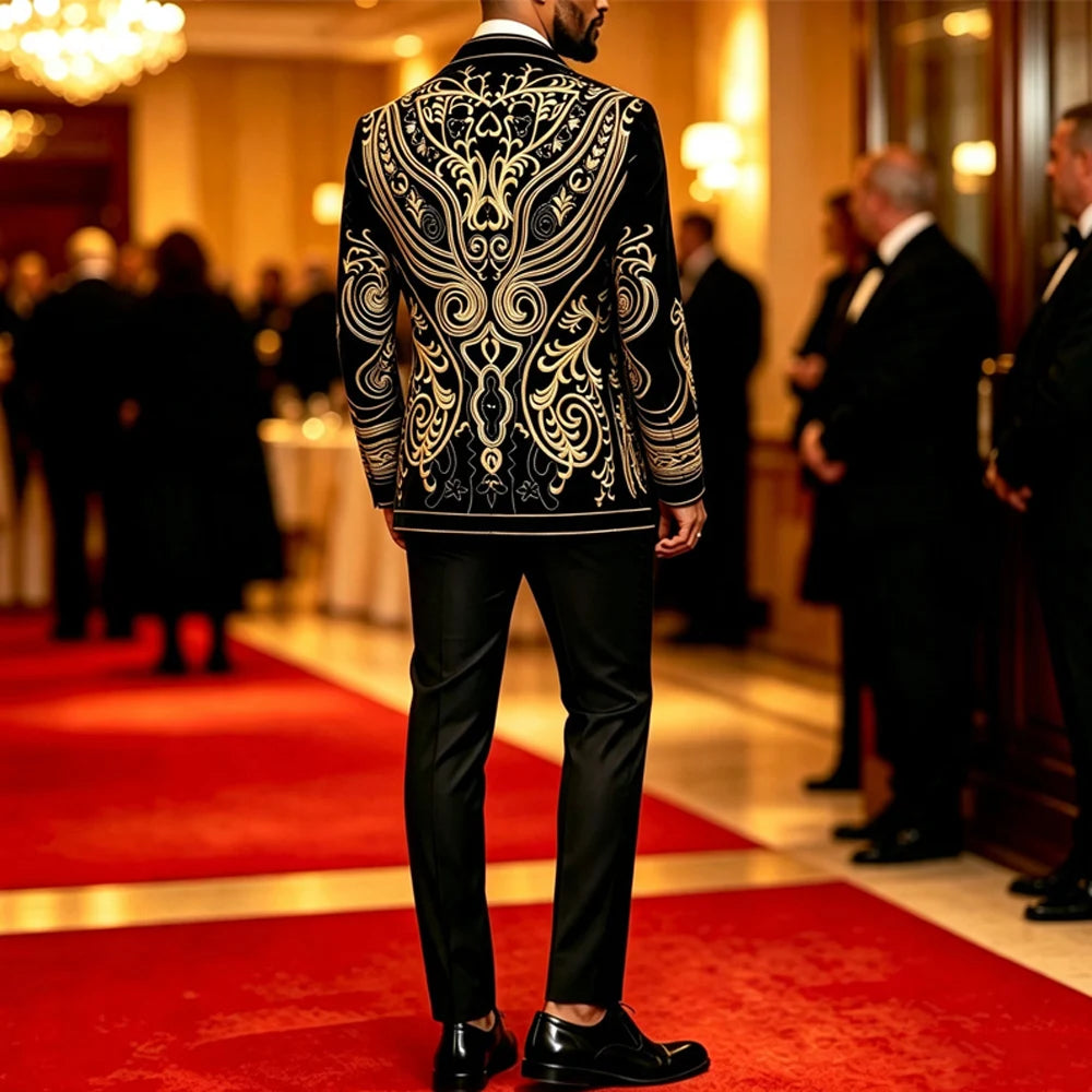 Mens Luxury Velvet Embroidery Tuxedo Blazer Jacket For Formal Wear