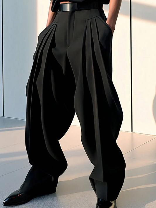 Mens High Waist Pleated Wide Leg Chino Pants Casual Solid Long Trousers
