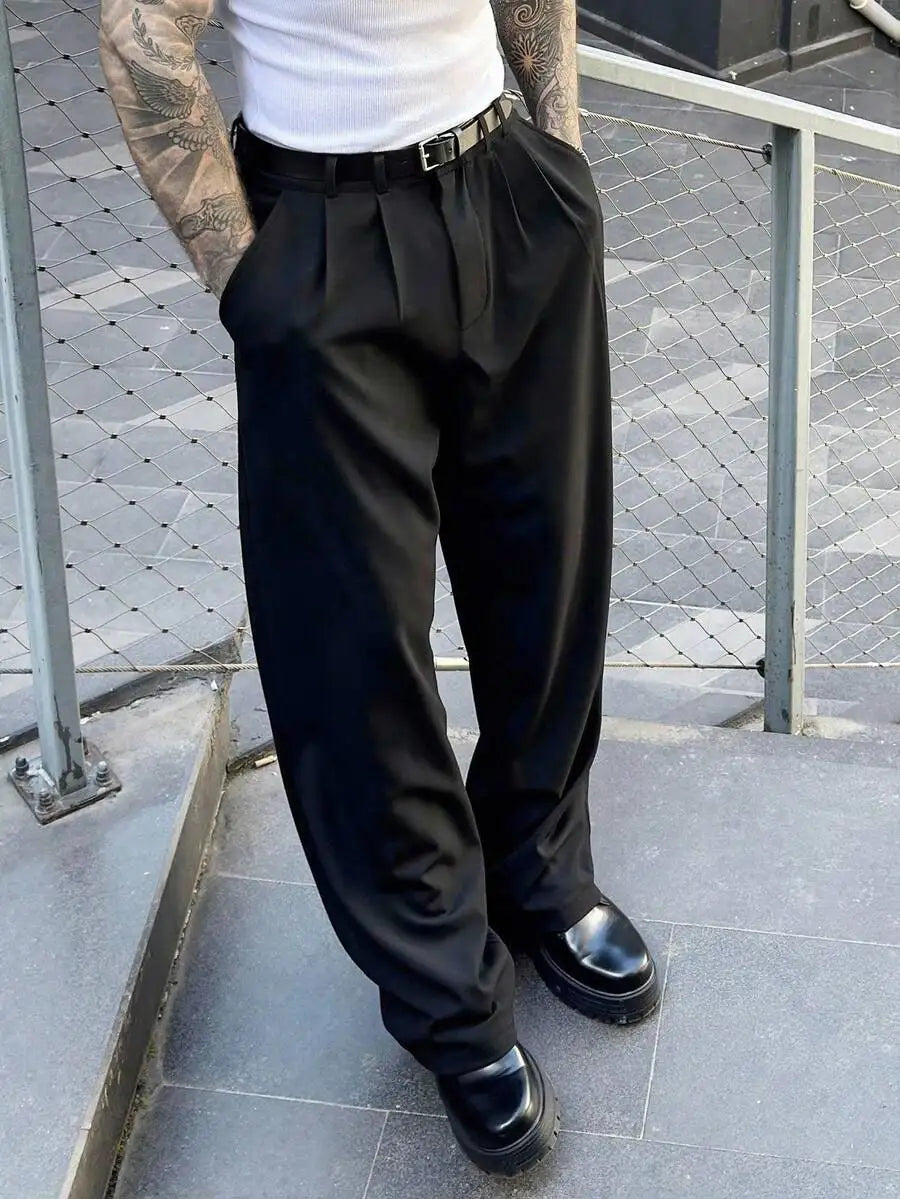 Men's Pleated Loose Straight Leg Trousers Twill Casual Business Pants