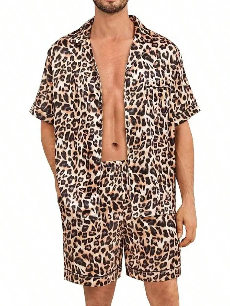 Mens Satin Silk Pajama Set Short Sleeve Button Down Sleepwear With Pocket