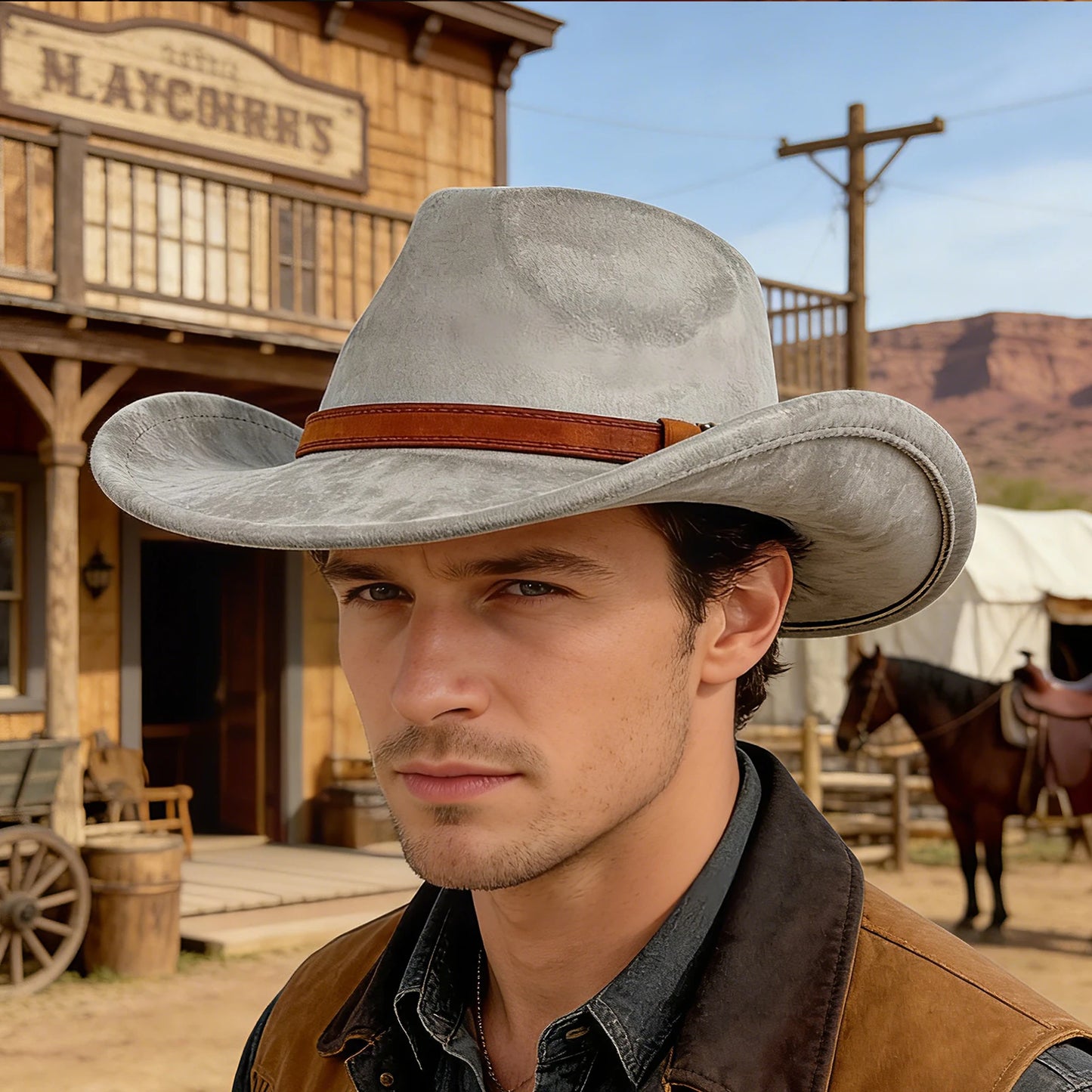 Unisex Faux Suede Western Cowboy Hat With Faux Leather Belt