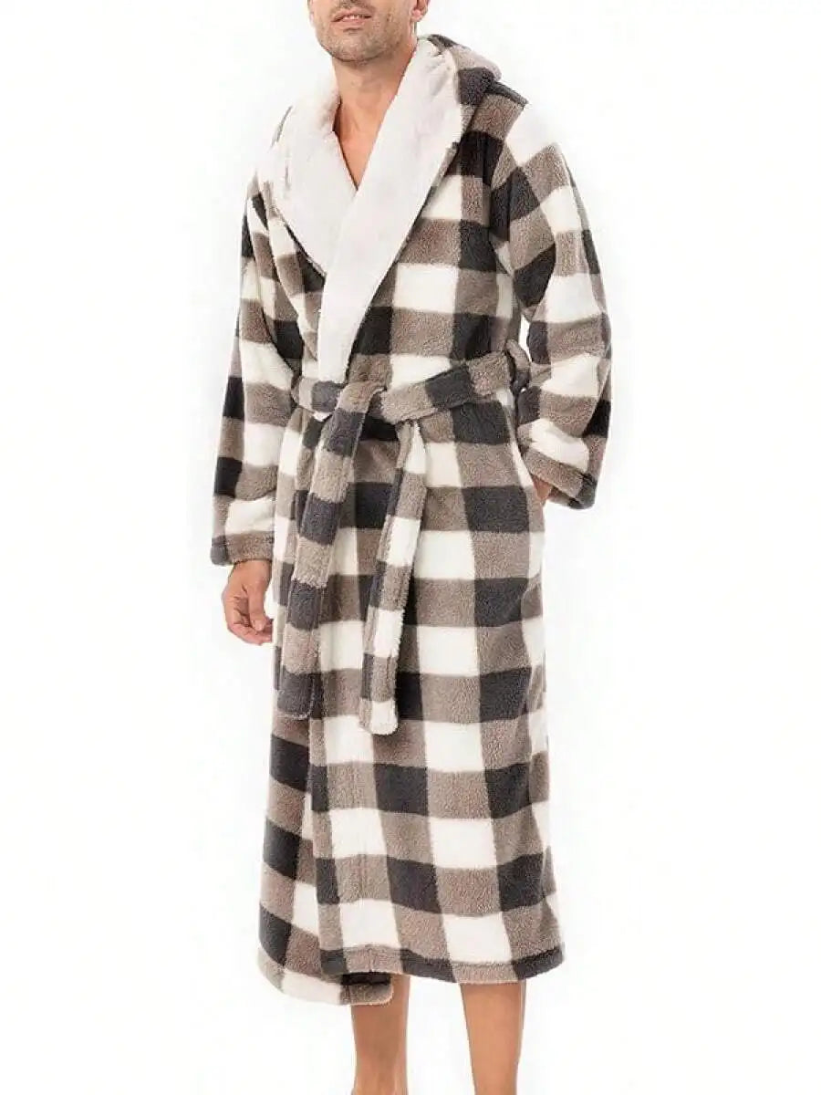Mens Soft Fleece Plush Full Length Bathrobe With Hood