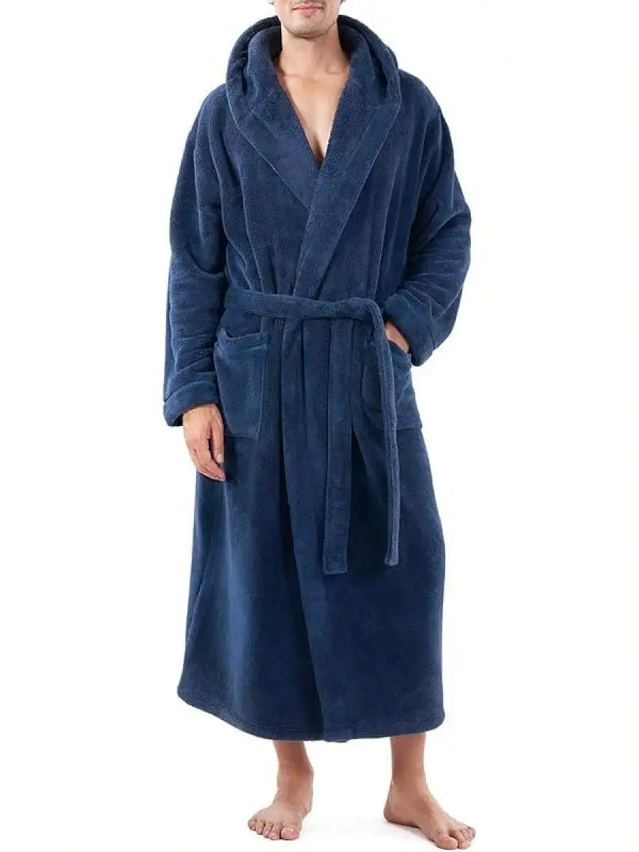 Mens Soft Fleece Plush Full Length Bathrobe With Hood