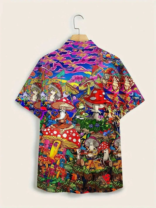 Vibrant Fantasy Mushroom Print Casual Short Sleeve Shirt for Men