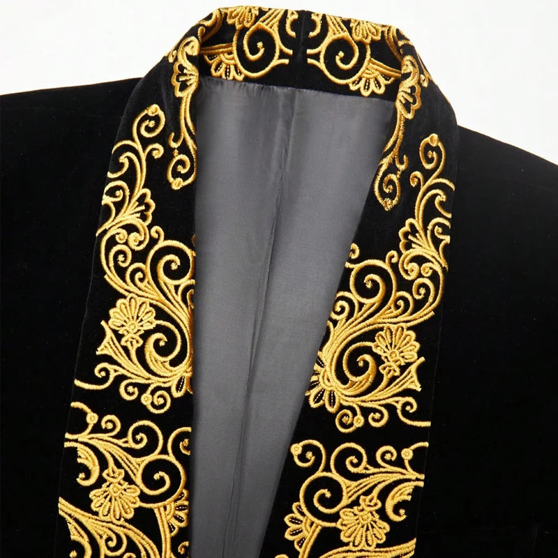 Mens Velvet Blazer With Gold Baroque Embroidery Shawl Lapel