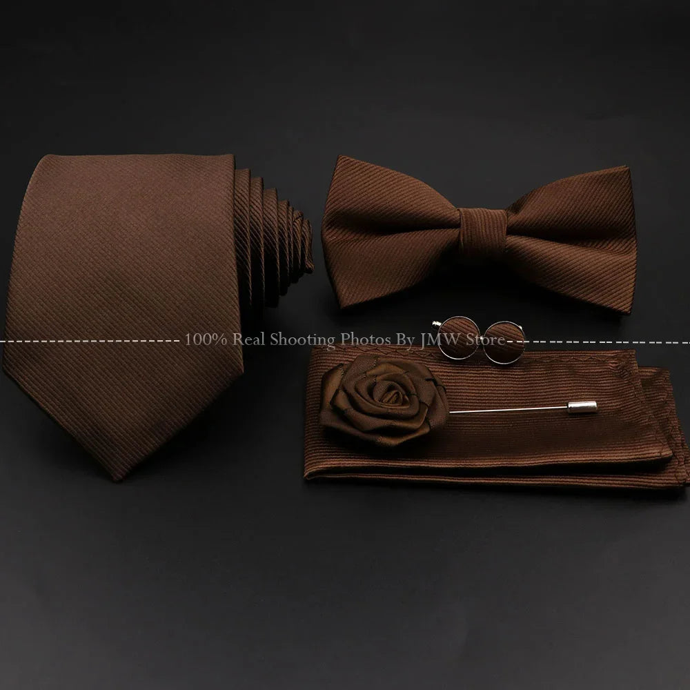 Polyester Slim Striped Tie Set With Bow Tie And Cufflinks For Groom