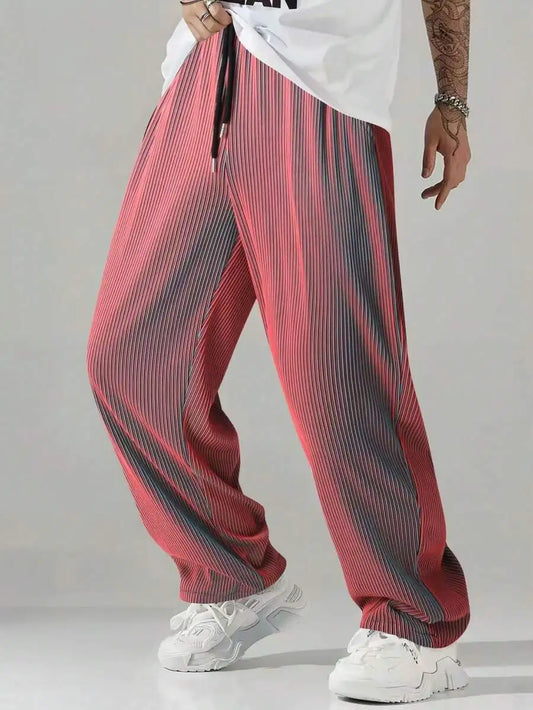 Mens Pleated Striped Loose Fit Drawstring Waist Trousers For Casual Streetwear And Travel Use