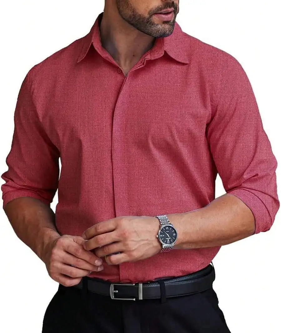 Mens Formal Dress Shirt Hidden Button Front Wrinkle Free Stretch Regular Fit