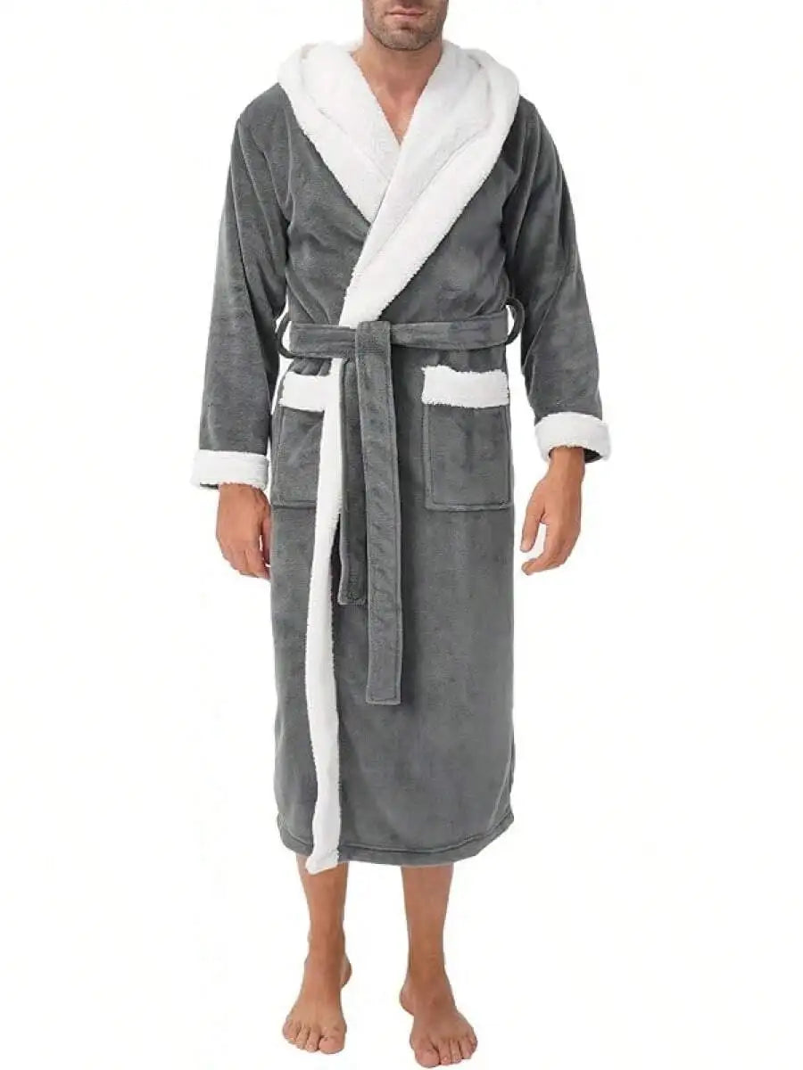 Mens Soft Fleece Plush Full Length Bathrobe With Hood