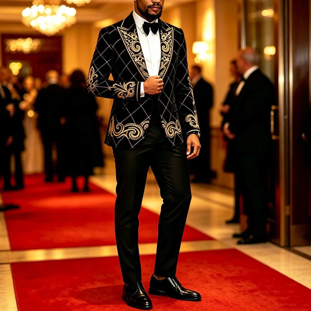 Mens Velvet Knot Embroidered Court Blazer Slim Fit Peak Lapel