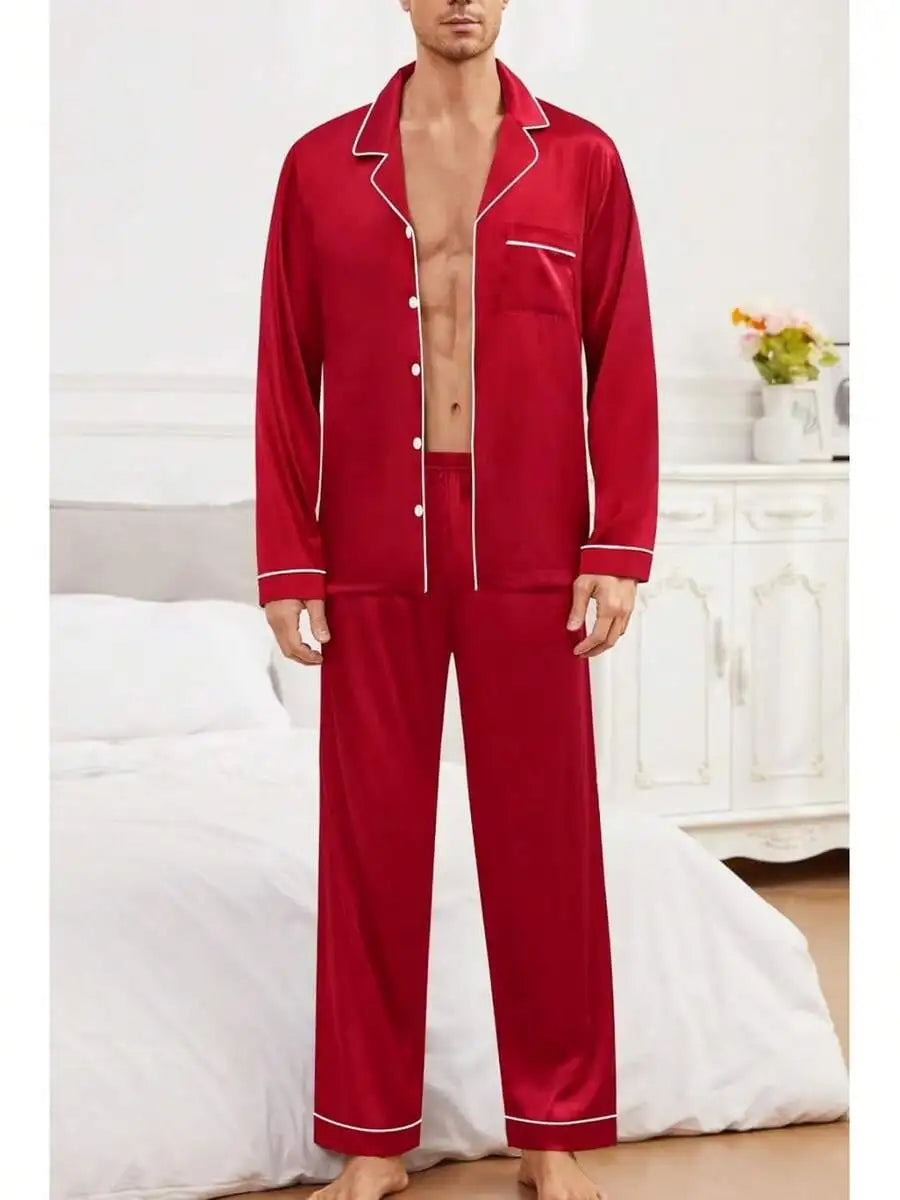 Mens Silk Satin Pajama Set Button Down Long Sleeve Loungewear With Long Pants