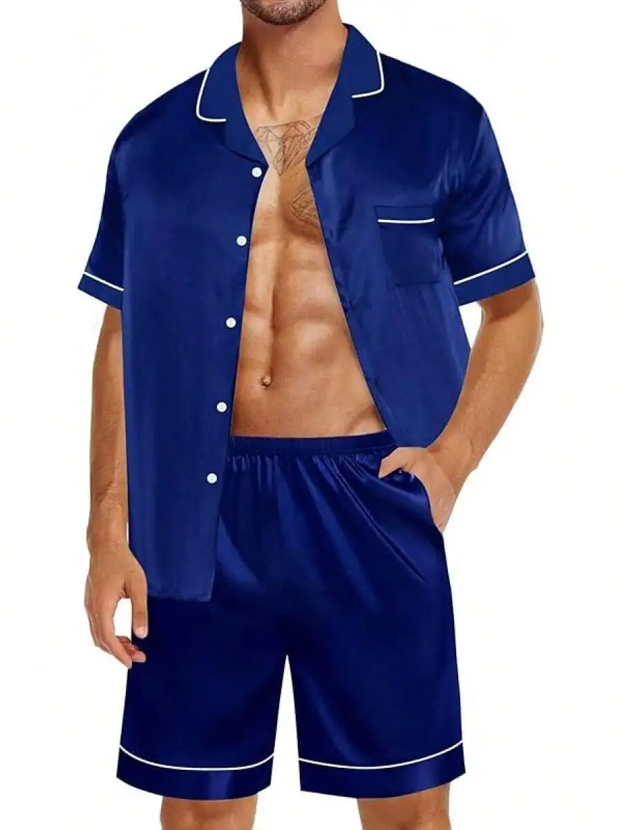 Mens Satin Silk Pajama Set Short Sleeve Button Down Sleepwear With Pocket