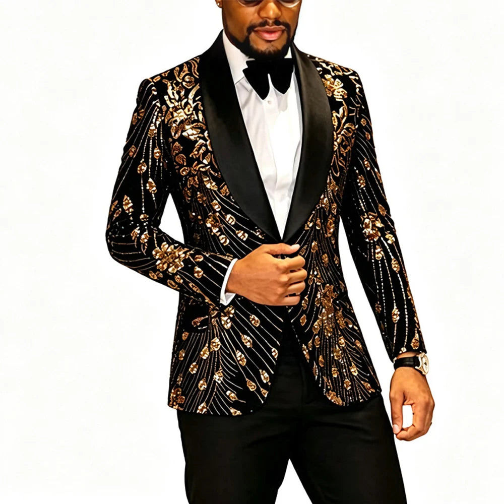 Men's Velvet Tuxedo Jacket Gold Sequin Embroidery Shawl Lapel Blazer