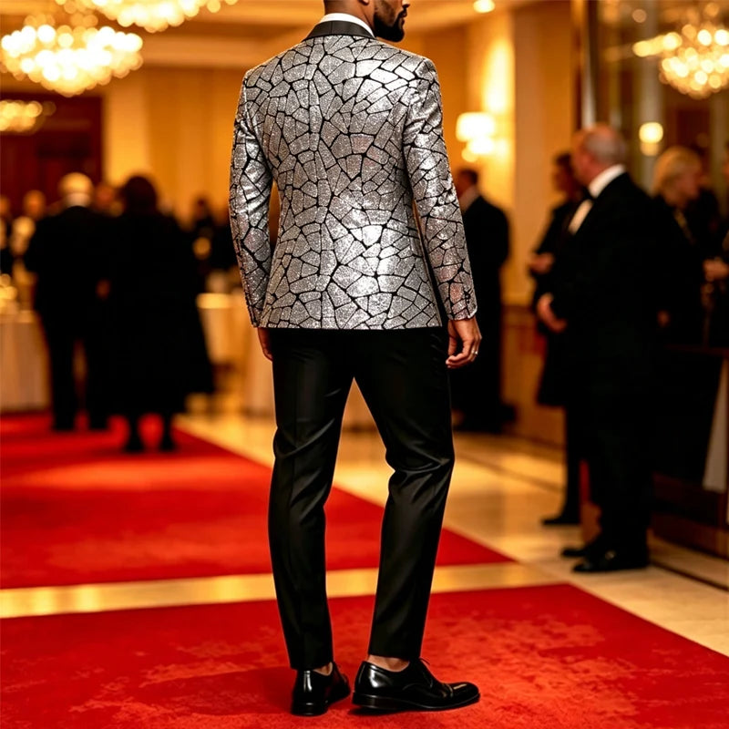 Men's Fitted Sequined Blazer With Satin Lapel For Formal Wear
