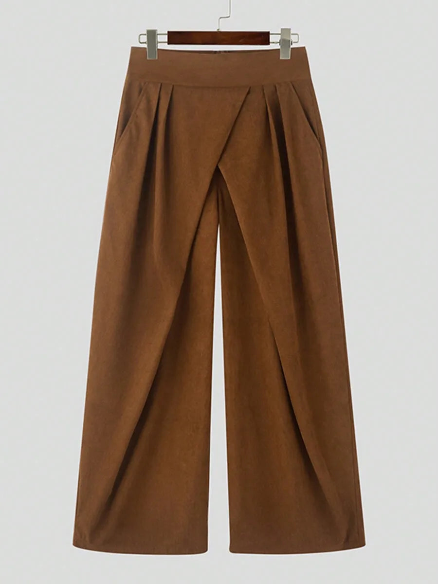 Men High Waist Pleated Wide Leg Palazzo Trousers Casual Loose Long Pants