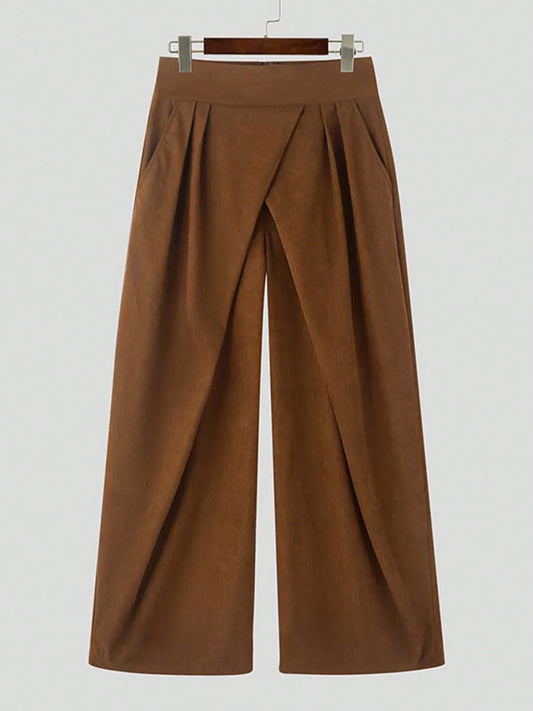 Men High Waist Pleated Wide Leg Palazzo Trousers Casual Loose Long Pants