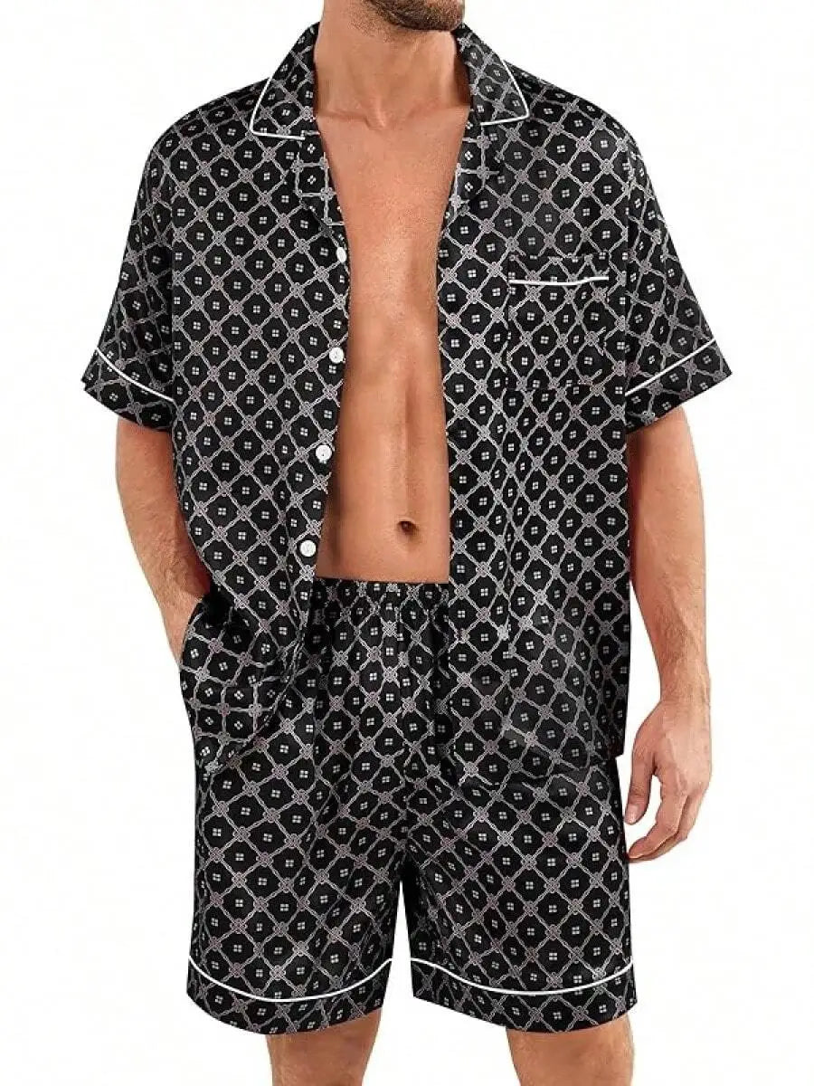 Mens Satin Silk Pajama Set Short Sleeve Button Down Sleepwear With Pocket