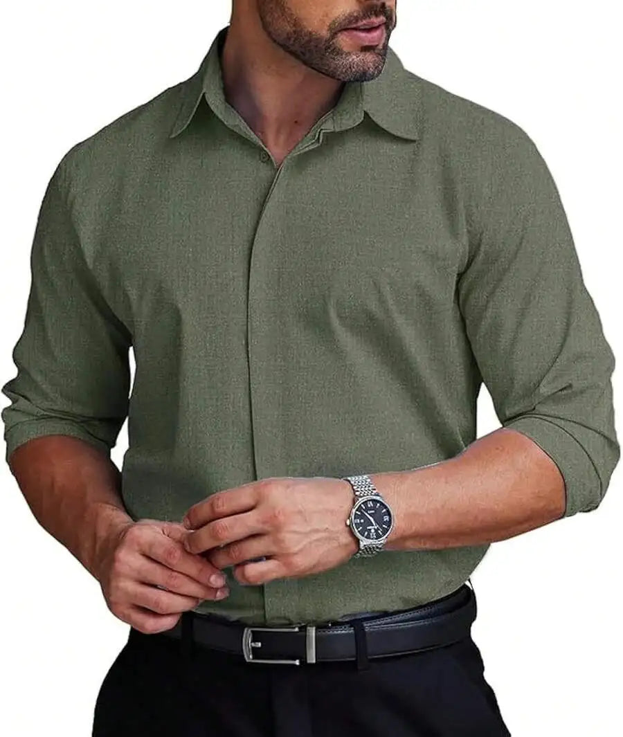 Mens Formal Dress Shirt Hidden Button Front Wrinkle Free Stretch Regular Fit