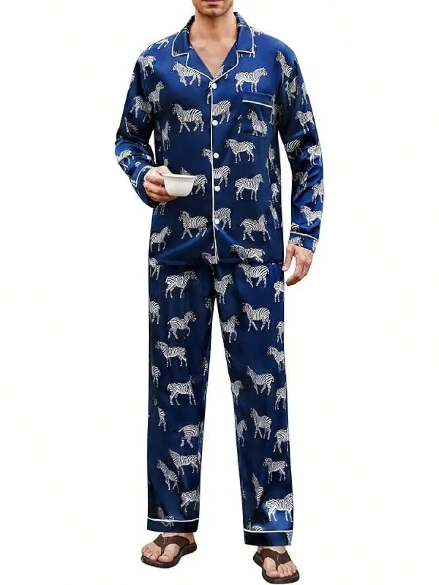Mens Silk Satin Pajama Set Button Down Long Sleeve Loungewear With Long Pants