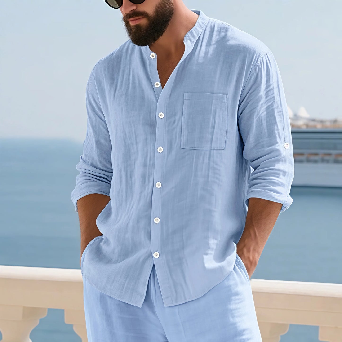 Mens Linen Button Down Shirt With Mandarin Collar Chest Pocket