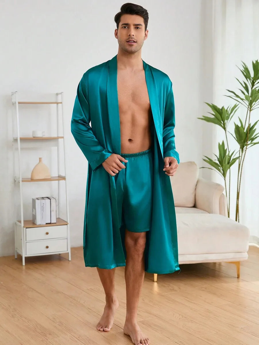 Mens Solid Color Satin Bathrobe With Matching Shorts Set