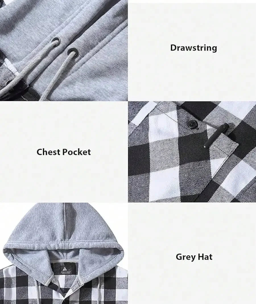 3 Pack Mens Flannel Hooded Shirt Jacket Plaid With Pocket