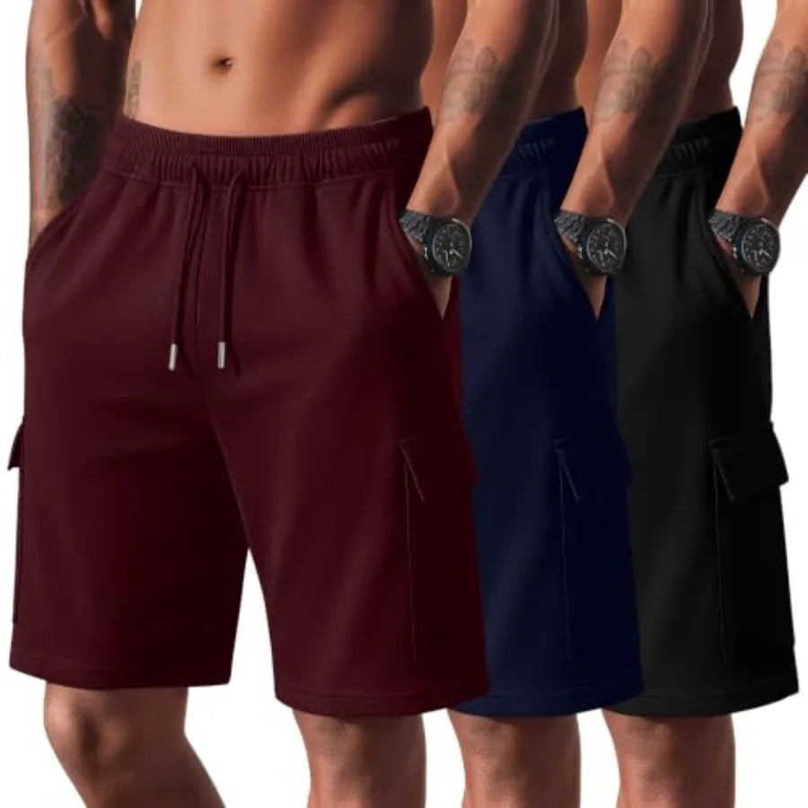 Mens Cargo Shorts 3 Pack Athletic Shorts With Drawstring Elastic Waist Pockets