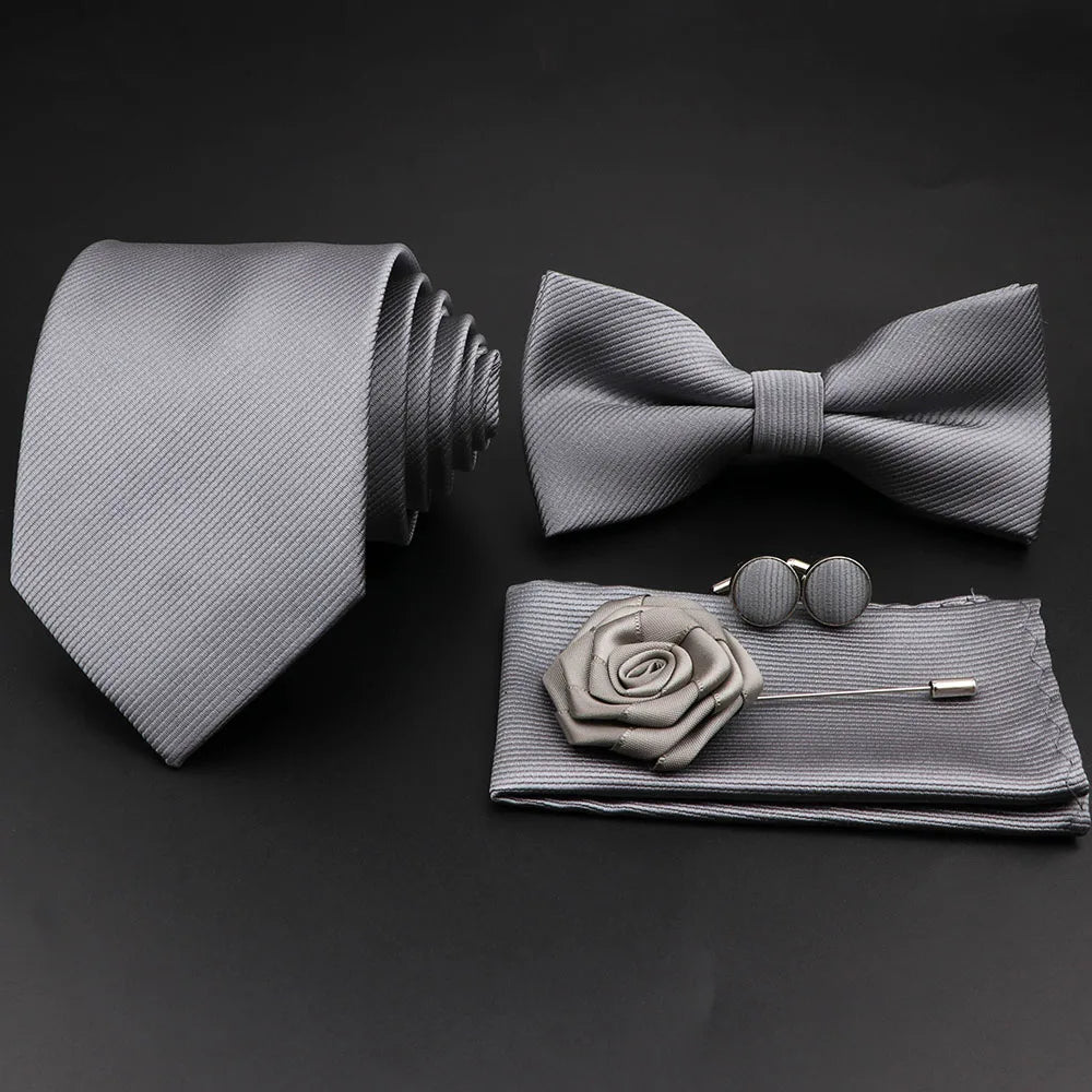 Polyester Slim Striped Tie Set With Bow Tie And Cufflinks For Groom